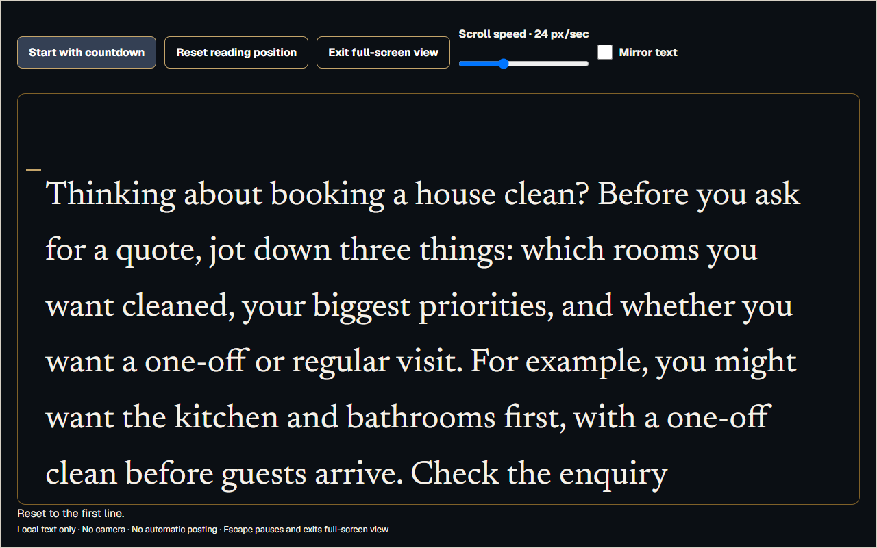 Actual public teleprompter with a home-cleaning script and pace controls
